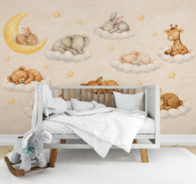 Load image into Gallery viewer, Sleeping Animals on Clouds Nursery Wallpaper, Dreamy wall mural with bunny, fox, fawn, moon, perfect for baby room and kids decor 803LU