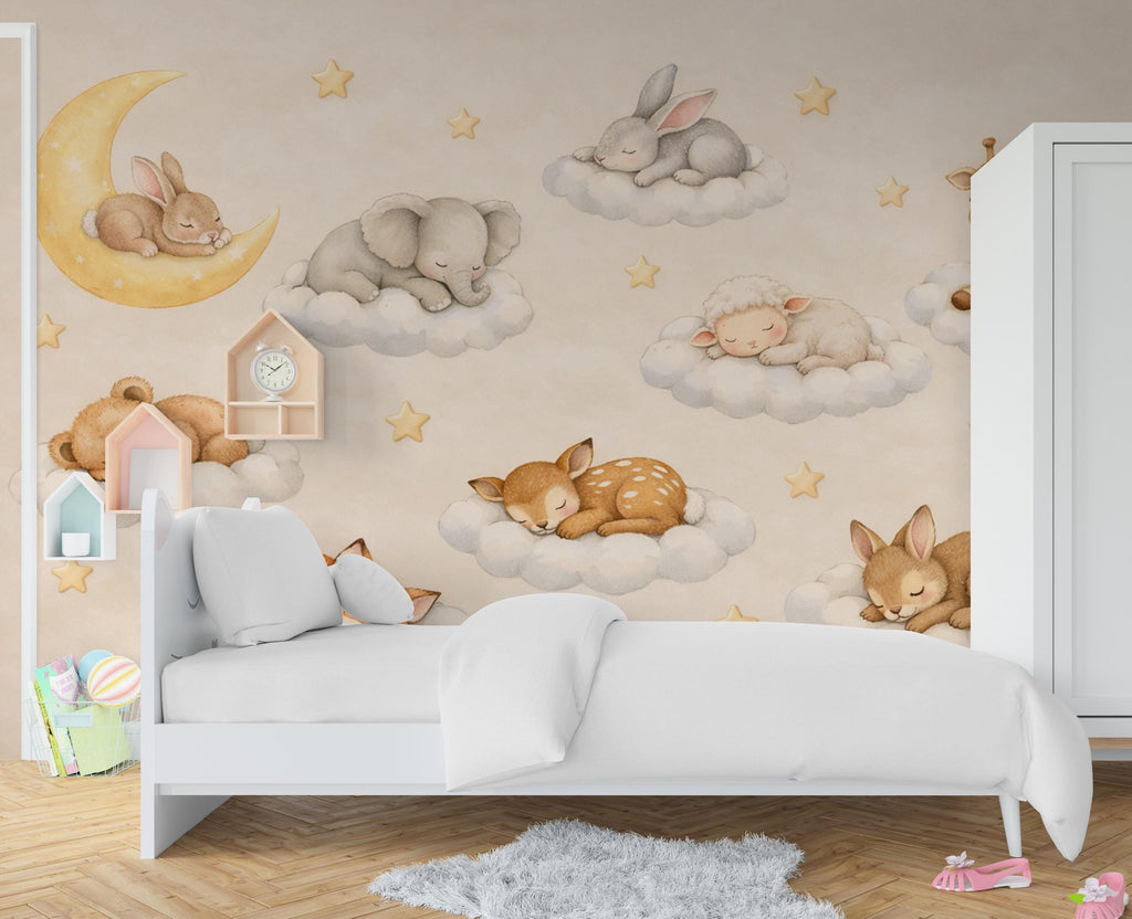 Sleeping Animals on Clouds Nursery Wallpaper, Dreamy wall mural with bunny, fox, fawn, moon, perfect for baby room and kids decor 803LU