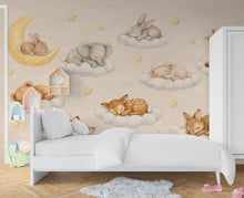 Load image into Gallery viewer, Sleeping Animals on Clouds Nursery Wallpaper, Dreamy wall mural with bunny, fox, fawn, moon, perfect for baby room and kids decor 803LU