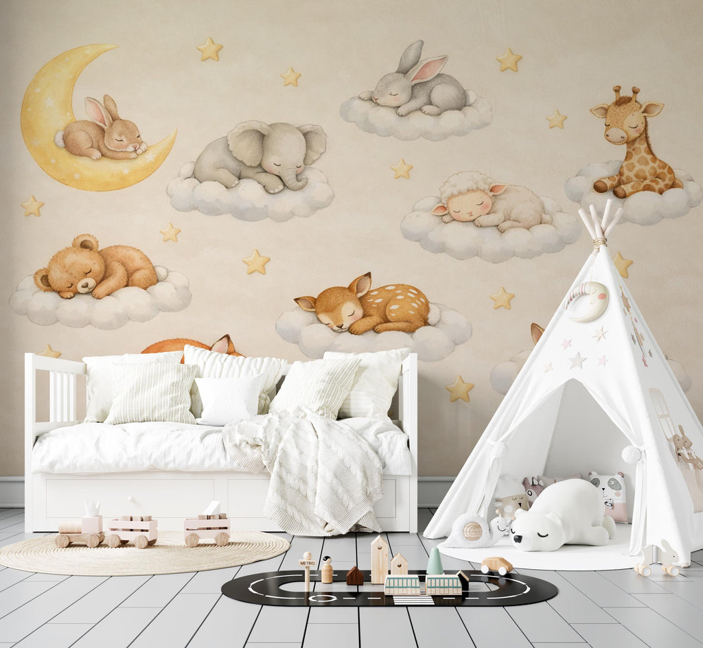 Sleeping Animals on Clouds Nursery Wallpaper, Dreamy wall mural with bunny, fox, fawn, moon, perfect for baby room and kids decor 803LU