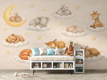 Load image into Gallery viewer, Sleeping Animals on Clouds Nursery Wallpaper, Dreamy wall mural with bunny, fox, fawn, moon, perfect for baby room and kids decor 803LU