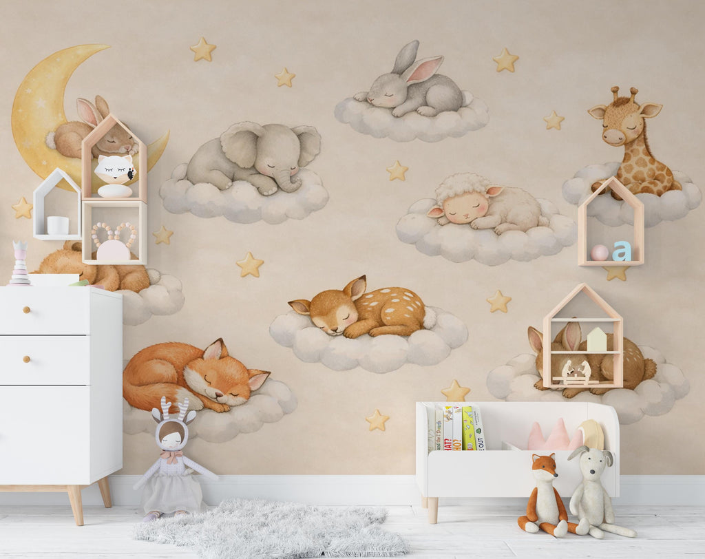 Sleeping Animals on Clouds Nursery Wallpaper, Dreamy wall mural with bunny, fox, fawn, moon, perfect for baby room and kids decor 803LU