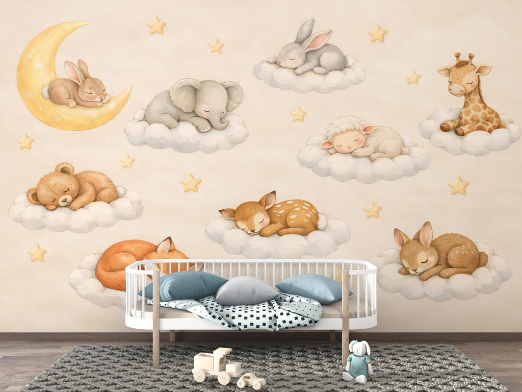 Sleeping Animals on Clouds Nursery Wallpaper, Dreamy wall mural with bunny, fox, fawn, moon, perfect for baby room and kids decor 803LU