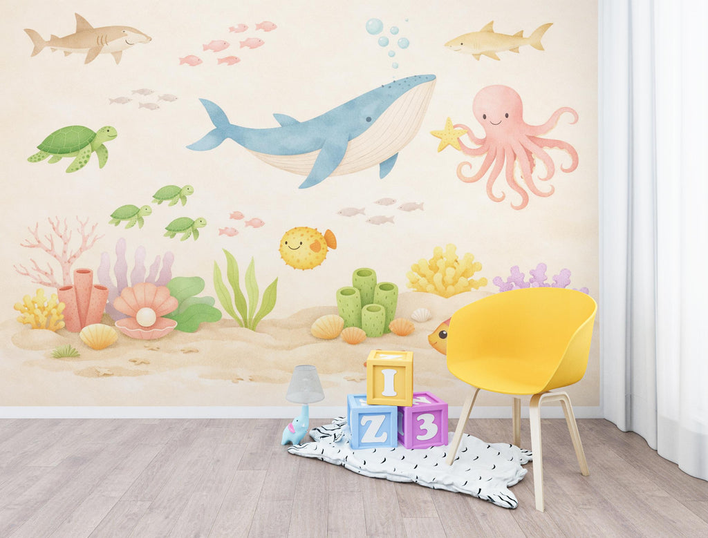 Pastel Underwater Wallpaper – Whale, Octopus, Coral Reef Ocean Mural Wall Art for Nursery Bedroom or Living Room, Peel and Stick 804LU
