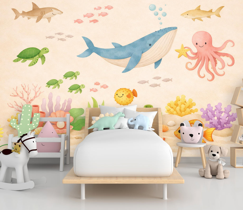 Pastel Underwater Wallpaper – Whale, Octopus, Coral Reef Ocean Mural Wall Art for Nursery Bedroom or Living Room, Peel and Stick 804LU