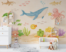 Load image into Gallery viewer, Pastel Underwater Wallpaper – Whale, Octopus, Coral Reef Ocean Mural Wall Art for Nursery Bedroom or Living Room, Peel and Stick 804LU