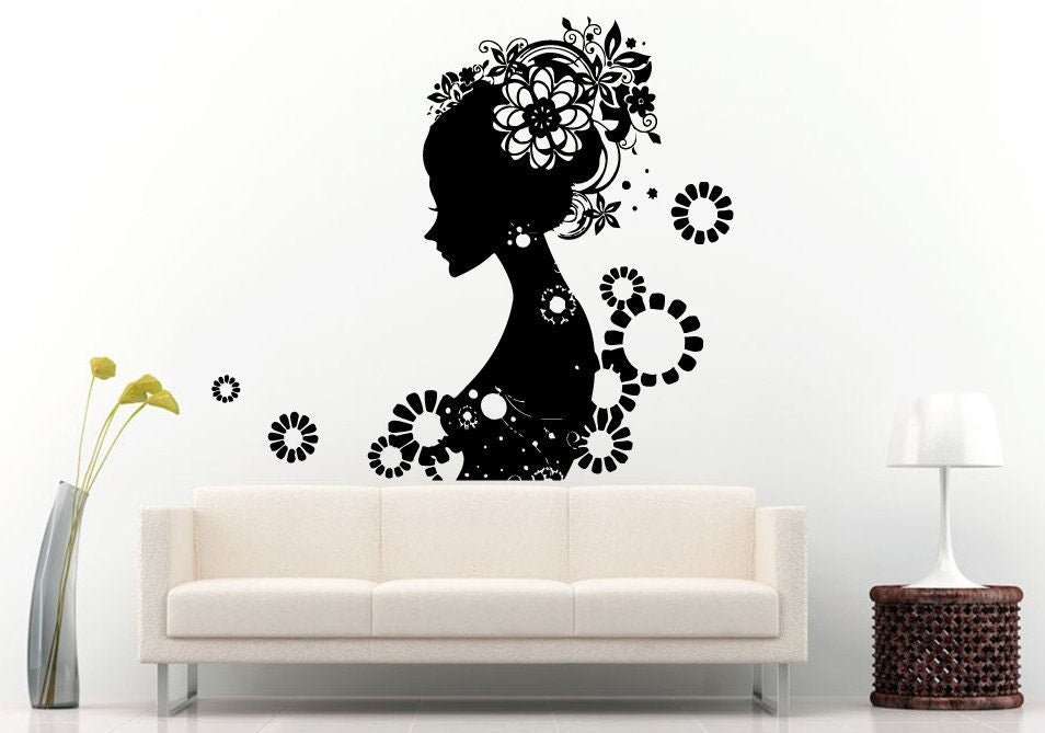 Woman Girl Flowers Hair Style Wall Decal Vinyl Sticker Mural Room Decor L545