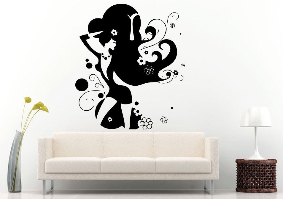 Woman Girl Flowers Fabulous Hair Style Beautiful Cute Short Dress Fashion Wall Decal Vinyl Sticker Mural Room Decor L546
