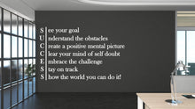 Load image into Gallery viewer, May include: A motivational wall art piece with the word "SUCCESS" spelled vertically, each letter followed by an inspirational phrase. The phrases are in white against a dark gray wall. The room has a modern office setting with a desk and a window.