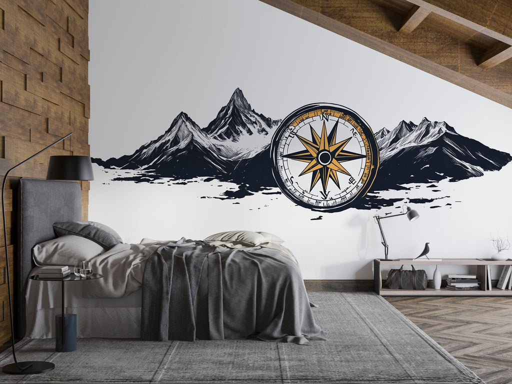Mountain Compass Wall Sticker, Rustic Cabin Decal, Adventure Wall Decor, Forest Mountain Wall Art, Travel Explorer Sticker, 542mv