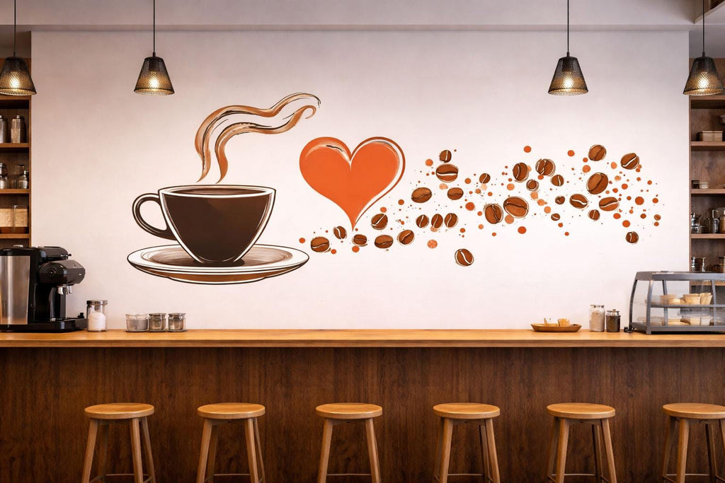 Coffee Cup Wall Sticker, Heart Coffee Decal, Cafe Wall Decor, Coffee Bean Wall Art, Kitchen Decal, Barista Gift, 545mv