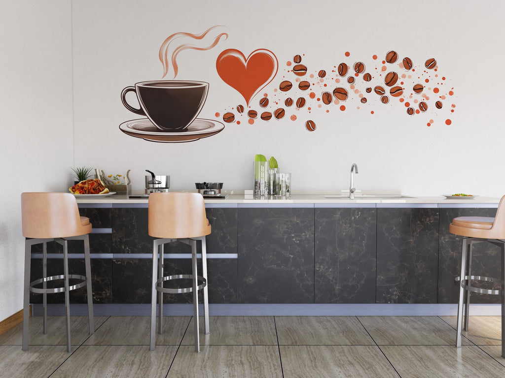 Coffee Cup Wall Sticker, Heart Coffee Decal, Cafe Wall Decor, Coffee Bean Wall Art, Kitchen Decal, Barista Gift, 545mv