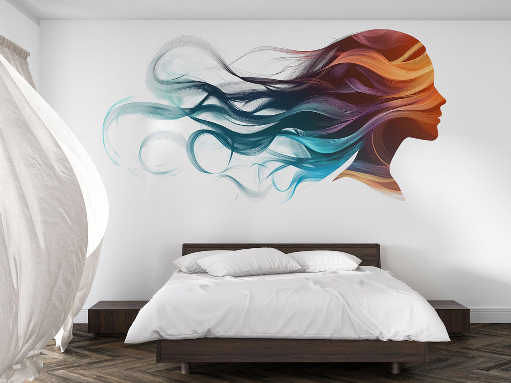 Salon Wall Decal, Beauty Wall Art, Woman Face Mural, Hair Salon Decor, Colorful Stylist Sticker, 553mv