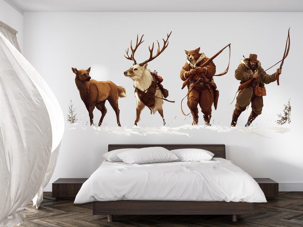Woodland Hunter Wall Decal, Rustic Animal Wall Art, Deer Elk Wall Sticker, Cabin Decor, Lodge Bedroom Wall Decor, 251gm