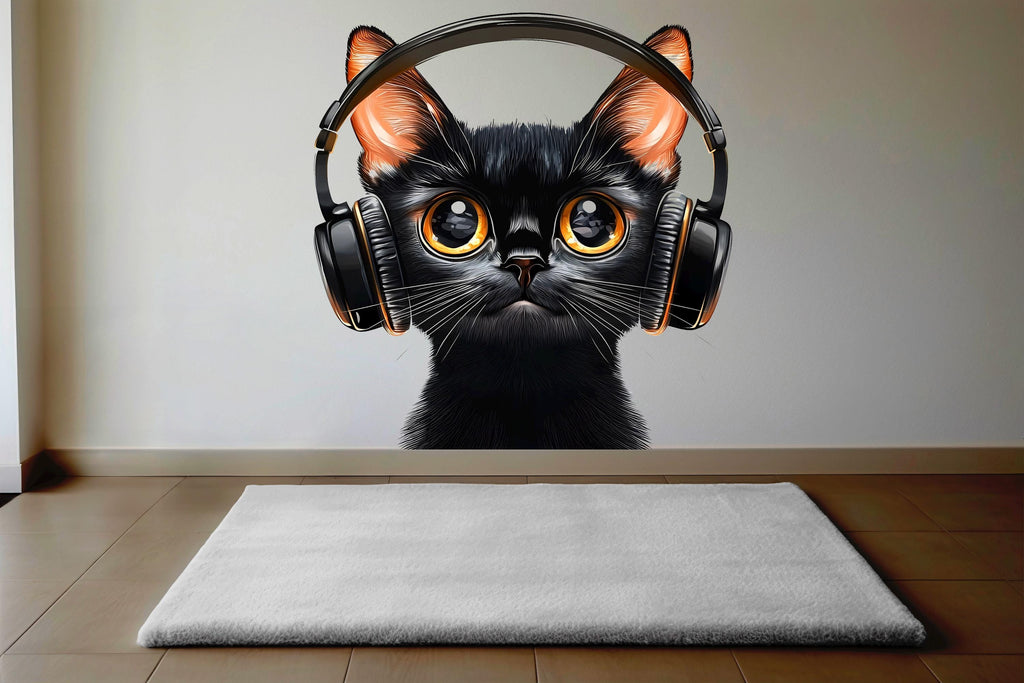 Black Cat Wall Decal, Cat With Headphones Wall Sticker, Cute Animal Wall Art, Music Lover Decor, Kids Room Decor, 259gm