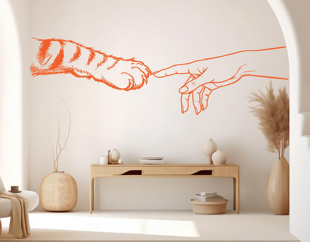 Girl Hand & Cat Paw Vinyl Wall Decal, Cat Lover Decor 1091RS