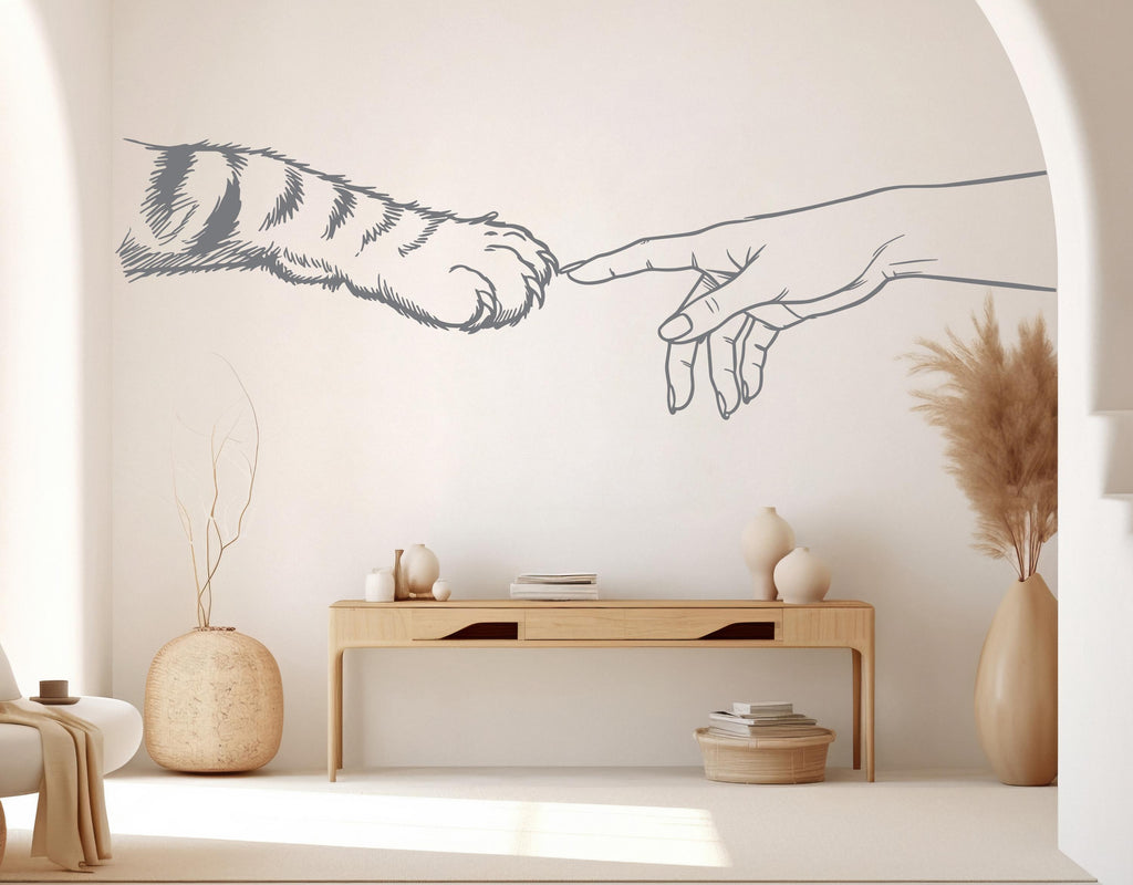 Girl Hand & Cat Paw Vinyl Wall Decal, Cat Lover Decor 1091RS