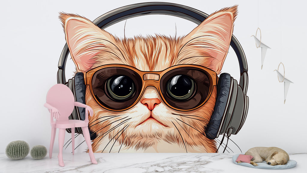 Cute Cat Wall Mural, Cool Kitty Wallpaper, Cat With Sunglasses and Headphones, Kids Room Wall Decor, Nursery Pet Wall Art, 260gm