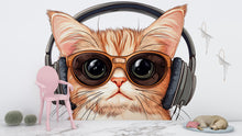 Load image into Gallery viewer, Cute Cat Wall Mural, Cool Kitty Wallpaper, Cat With Sunglasses and Headphones, Kids Room Wall Decor, Nursery Pet Wall Art, 260gm