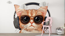 Load image into Gallery viewer, Cute Cat Wall Mural, Cool Kitty Wallpaper, Cat With Sunglasses and Headphones, Kids Room Wall Decor, Nursery Pet Wall Art, 260gm