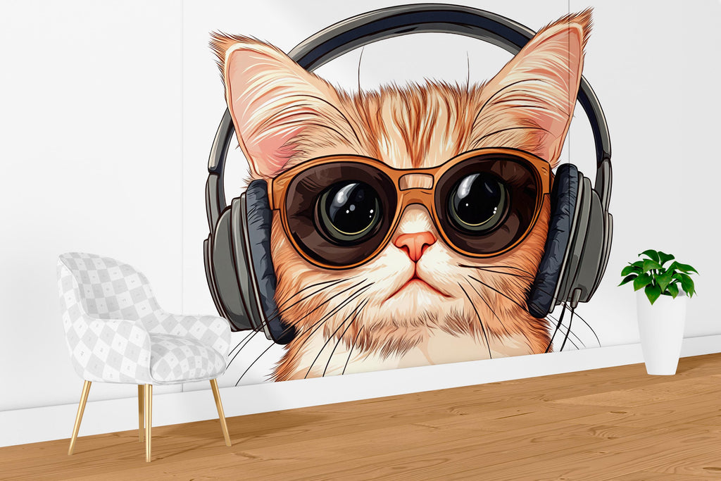 Cute Cat Wall Mural, Cool Kitty Wallpaper, Cat With Sunglasses and Headphones, Kids Room Wall Decor, Nursery Pet Wall Art, 260gm