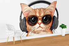 Load image into Gallery viewer, Cute Cat Wall Mural, Cool Kitty Wallpaper, Cat With Sunglasses and Headphones, Kids Room Wall Decor, Nursery Pet Wall Art, 260gm