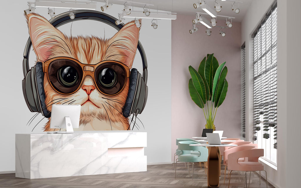 Cute Cat Wall Mural, Cool Kitty Wallpaper, Cat With Sunglasses and Headphones, Kids Room Wall Decor, Nursery Pet Wall Art, 260gm