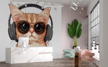 Load image into Gallery viewer, Cute Cat Wall Mural, Cool Kitty Wallpaper, Cat With Sunglasses and Headphones, Kids Room Wall Decor, Nursery Pet Wall Art, 260gm