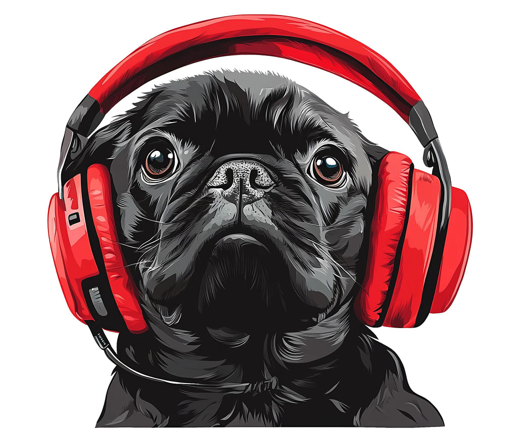 Pug Sticker, Black Pug Decal, Dog With Headphones, Cute Dog Sticker, Funny Pet Decal, Laptop Sticker, Water Bottle, 263gm
