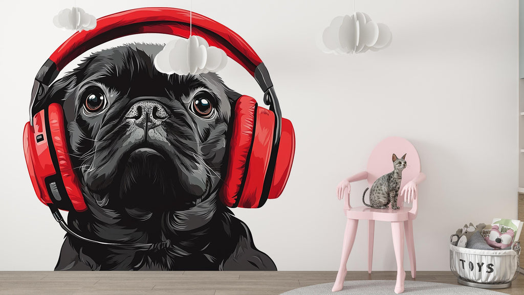 Pug Sticker, Black Pug Decal, Dog With Headphones, Cute Dog Sticker, Funny Pet Decal, Laptop Sticker, Water Bottle, 263gm