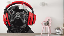 Load image into Gallery viewer, Pug Sticker, Black Pug Decal, Dog With Headphones, Cute Dog Sticker, Funny Pet Decal, Laptop Sticker, Water Bottle, 263gm