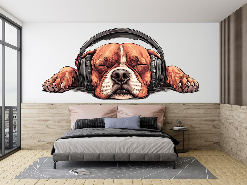 Sleeping Dog Sticker, Bulldog Decal, Cute Dog Sticker, Headphone Dog, Funny Pet Decal, Laptop Sticker, Water Bottle, 264gm