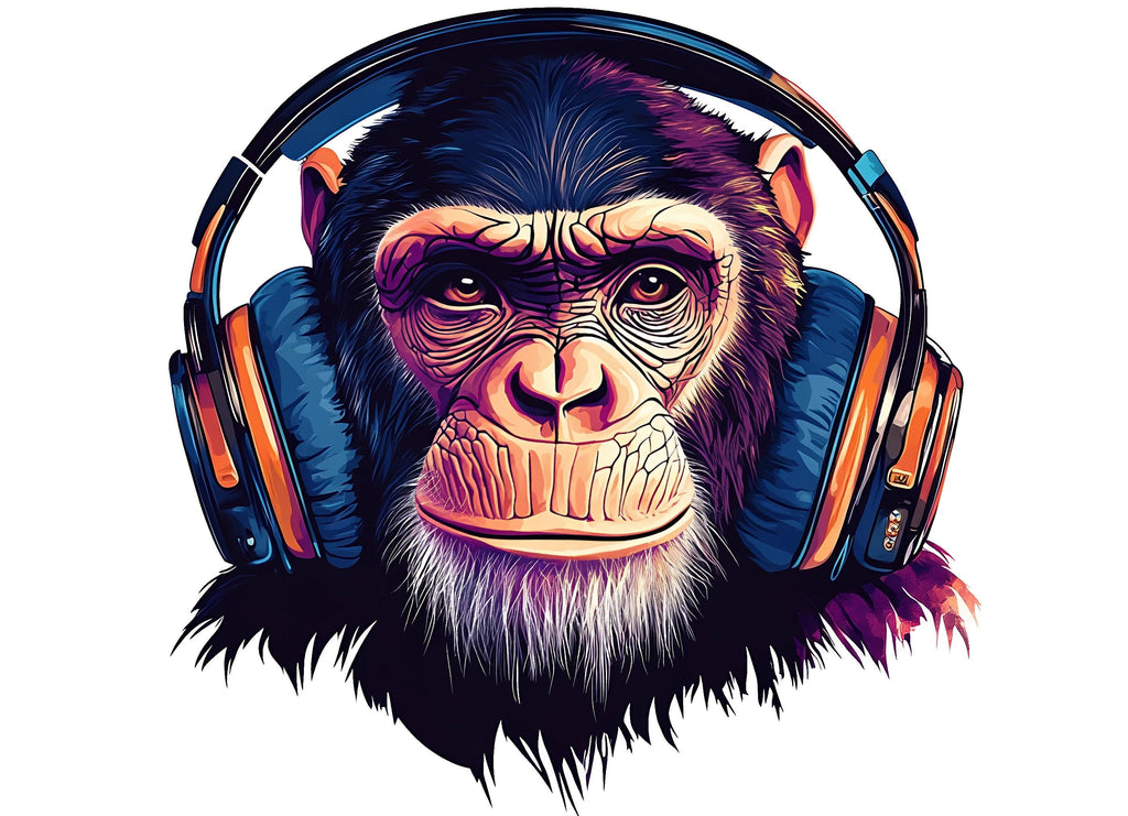 Chimp Sticker, Monkey Headphones, Funny Animal Decal, Cool Ape Sticker, DJ Monkey Art, Laptop Sticker, Water Bottle, 265gm