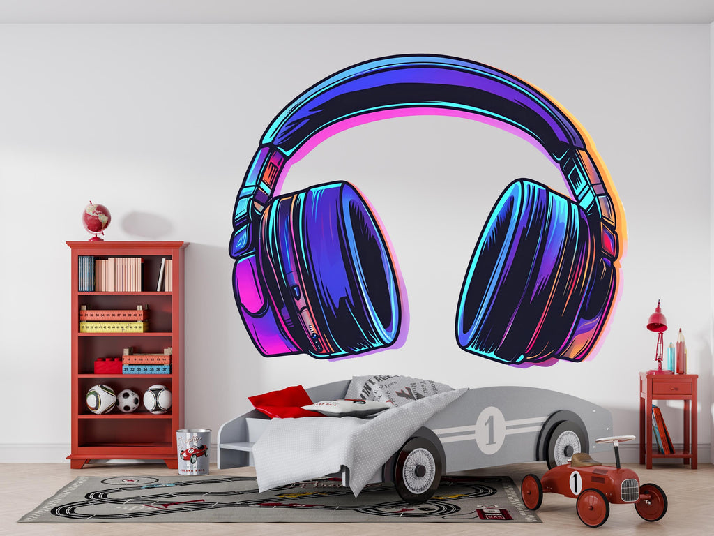 Headphones Sticker, Neon Headset Decal, Gamer Sticker, Music Lover Gift, DJ Headphones Art, Laptop Sticker, Water Bottle, 270gm