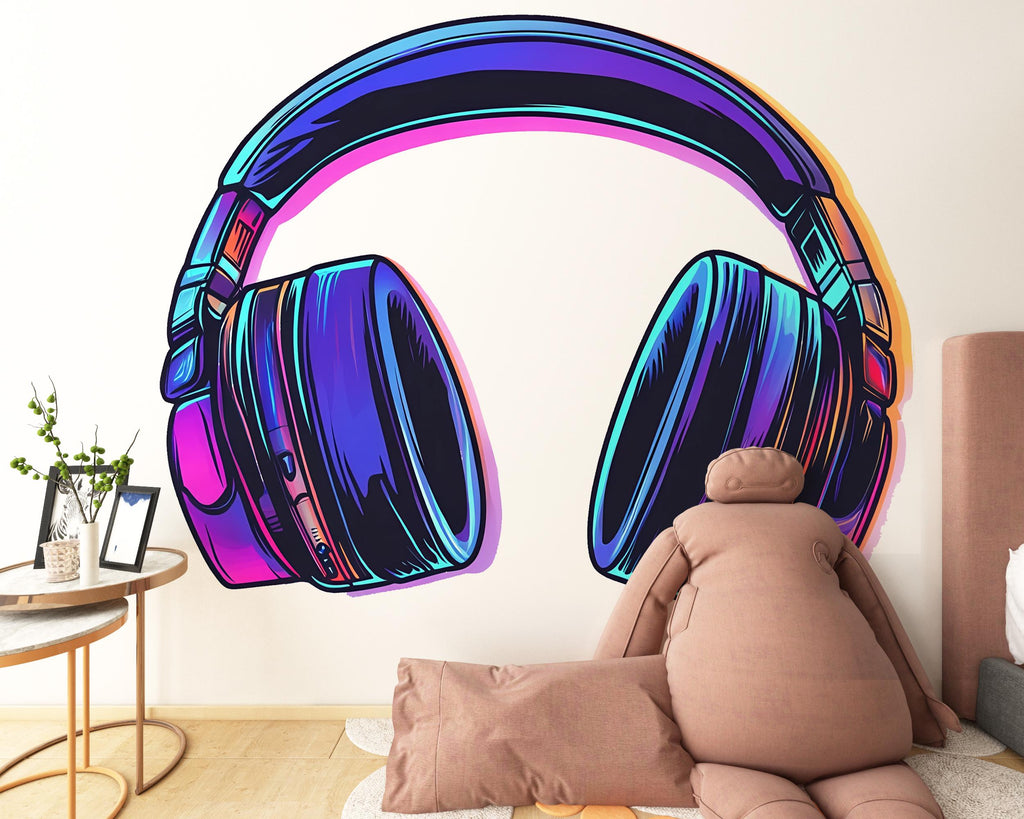 Headphones Sticker, Neon Headset Decal, Gamer Sticker, Music Lover Gift, DJ Headphones Art, Laptop Sticker, Water Bottle, 270gm