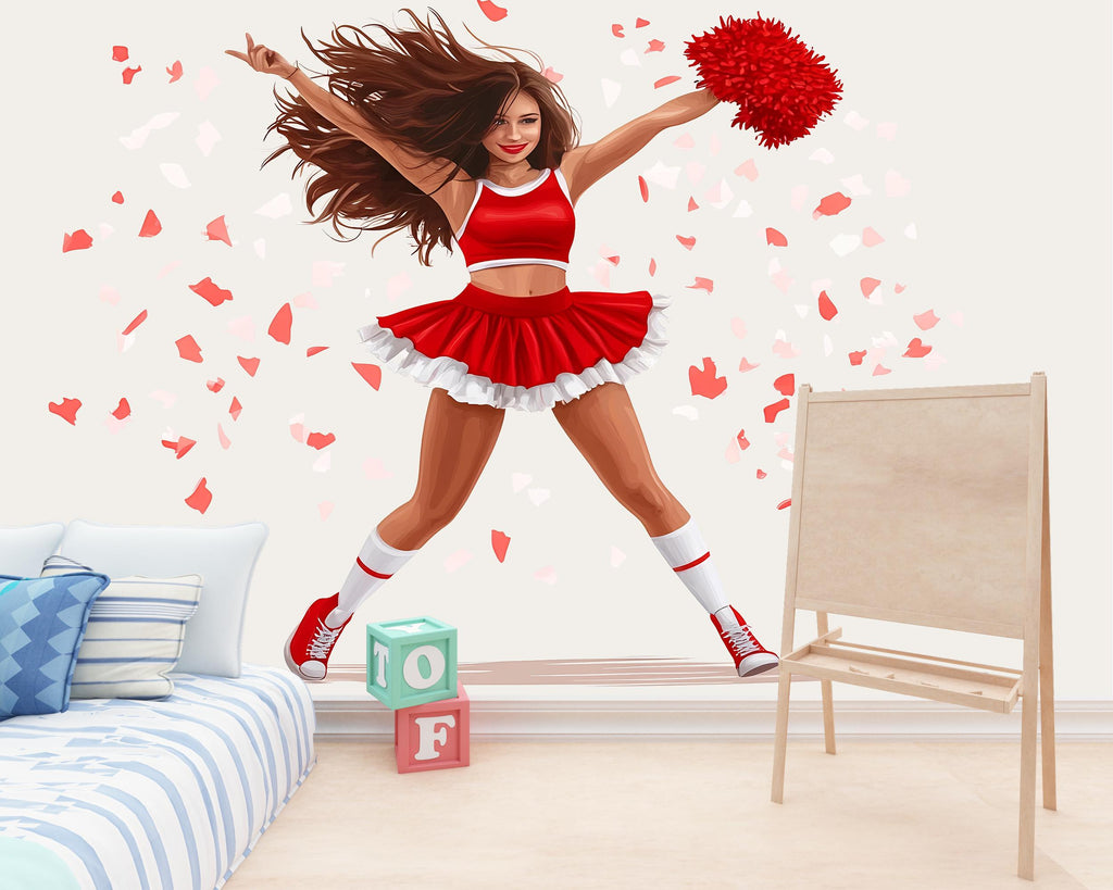 Cheerleader Sticker, Pom Pom Girl Decal, Dance Team Sticker, Sports Girl Gift, Red Uniform Art, Laptop Sticker, 276gm