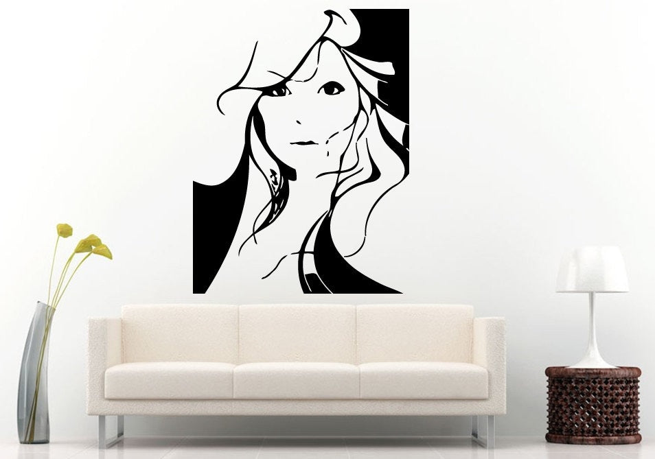 Woman Girls Face Wavy Blowing Hair Hair Salon Spa Wall Decal Vinyl Sticker Mural Room Decor L561