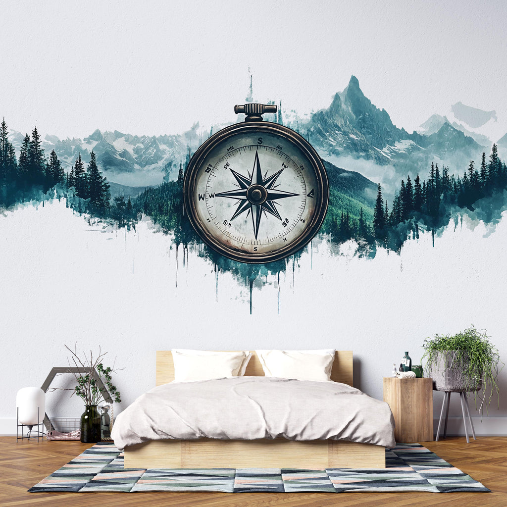 Compass Mountain Wallpaper Cabin Wall Decal Rustic Wall Mural Peel And Stick Wallpaper Lodge Decor Forest Adventure Nature Wall Art