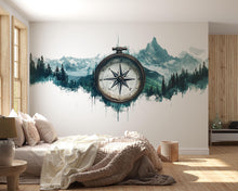 Load image into Gallery viewer, Compass Mountain Wallpaper Cabin Wall Decal Rustic Wall Mural Peel And Stick Wallpaper Lodge Decor Forest Adventure Nature Wall Art