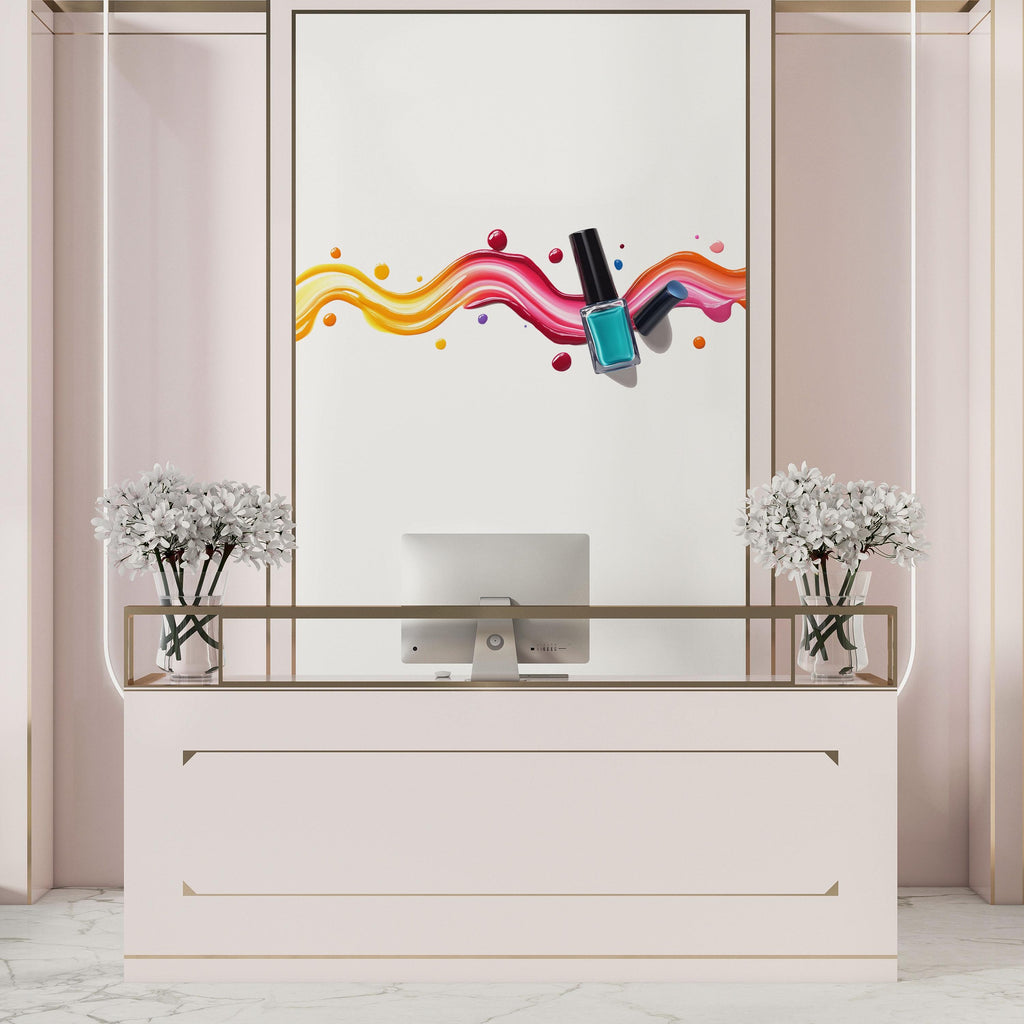 Colorful Nail Polish Wall Decal Nail Salon Wall Sticker Beauty Studio Decor Rainbow Splash Wall Art Manicure Studio Vinyl Wall Decal