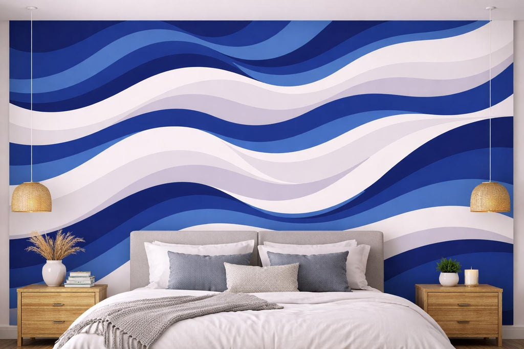 Blue Wave Wall Wallpaper, Navy Abstract Wall Mural, Modern Ocean Style Wall Decor, Peel and Stick or Traditional WAL003