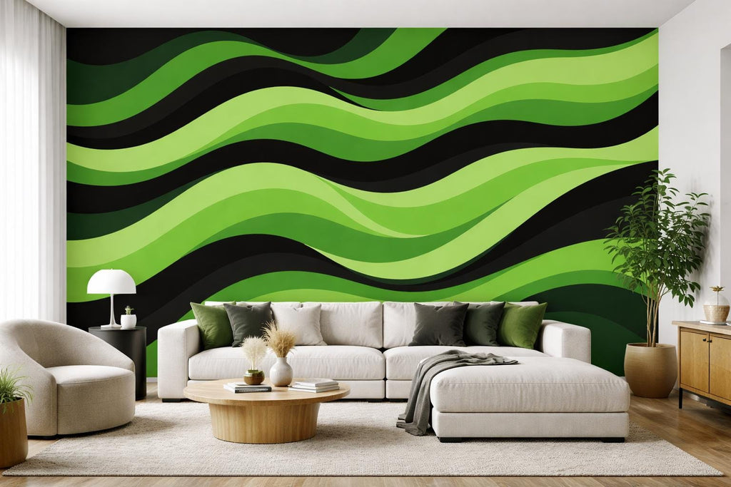 Green Wave Wall Wallpaper, Abstract Nature Wall Mural, Modern Wavy Wall Decor, Peel and Stick or Traditional Wallpaper WAL004