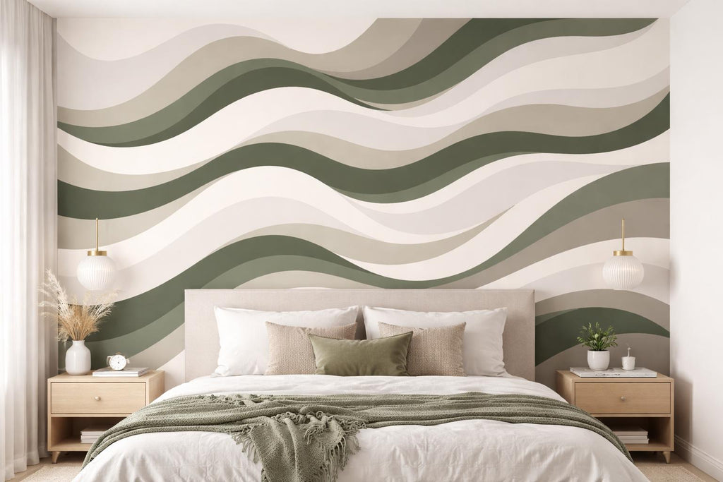 Wallpaper Green Neutral Abstract Waves Wall Mural, Removable Wallpaper Modern Wavy Pattern Wall Decor Peel and Stick, Non Woven WAL010