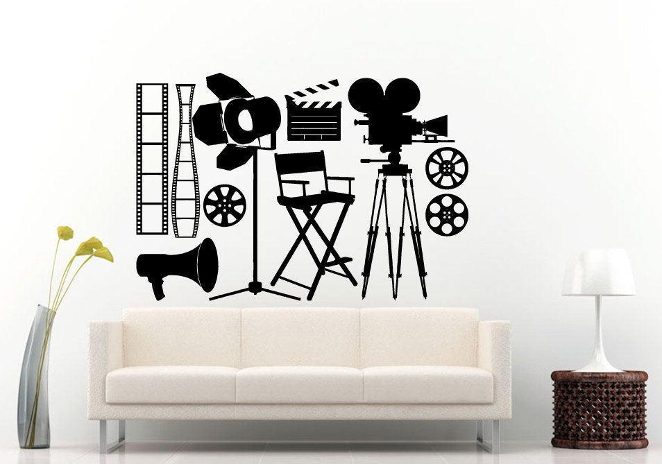 Cinema Movie Roll Of Film Video Camera Spot Light Directors Chair Tools Wall Decal Vinyl Sticker Mural Room Decor L581