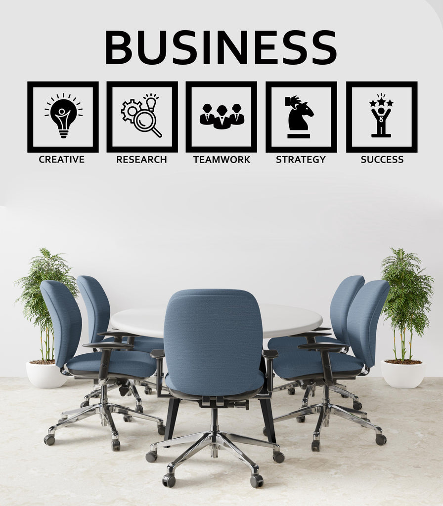 May include: A white wall with the word "BUSINESS" in black lettering above five black squares with icons representing creative, research, teamwork, strategy, and success.  There are five blue office chairs around a white round table.