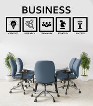 Load image into Gallery viewer, May include: A white wall with the word "BUSINESS" in black lettering above five black squares with icons representing creative, research, teamwork, strategy, and success.  There are five blue office chairs around a white round table.