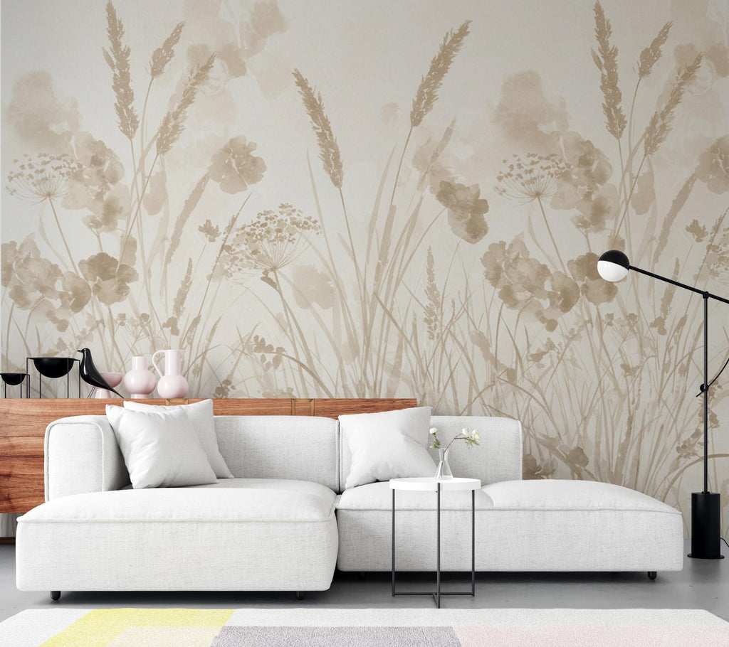 Neutral Wildflower Meadow Wallpaper Mural, Scandinavian Botanical Wall Art, Beige Sage Floral Watercolor, Minimalist Modern Farmhouse Decor,