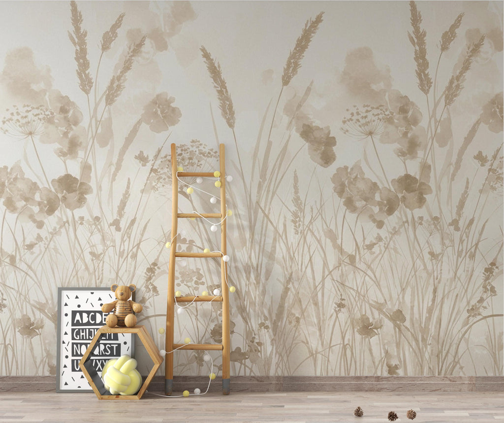 Neutral Wildflower Meadow Wallpaper Mural, Scandinavian Botanical Wall Art, Beige Sage Floral Watercolor, Minimalist Modern Farmhouse Decor,