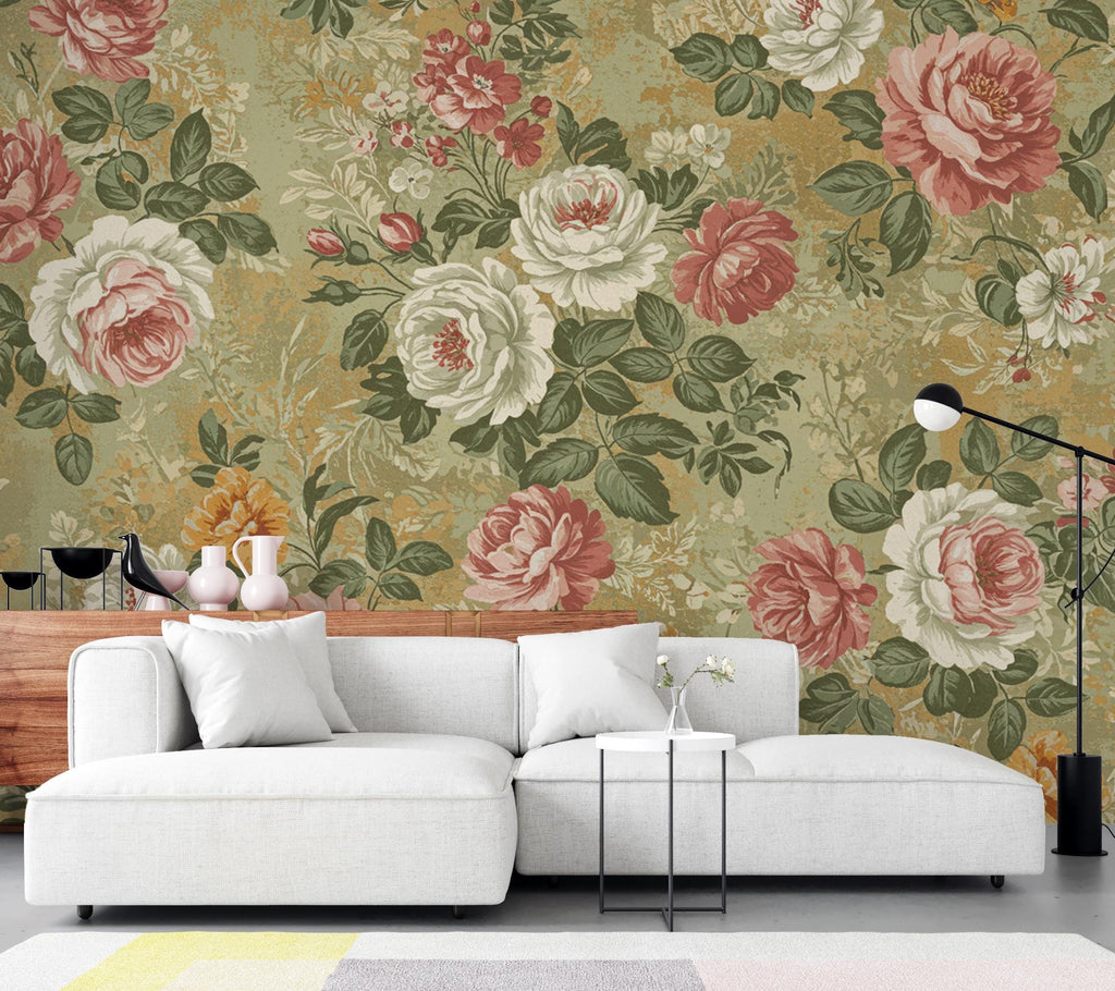 Vintage Floral Wallpaper, Romantic Antique Flower Mural, Dusty Rose Sage Green Cream Decor, French Country Chateaucore