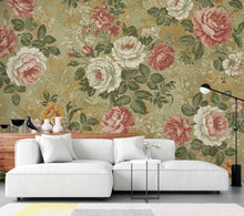 Load image into Gallery viewer, Vintage Floral Wallpaper, Romantic Antique Flower Mural, Dusty Rose Sage Green Cream Decor, French Country Chateaucore
